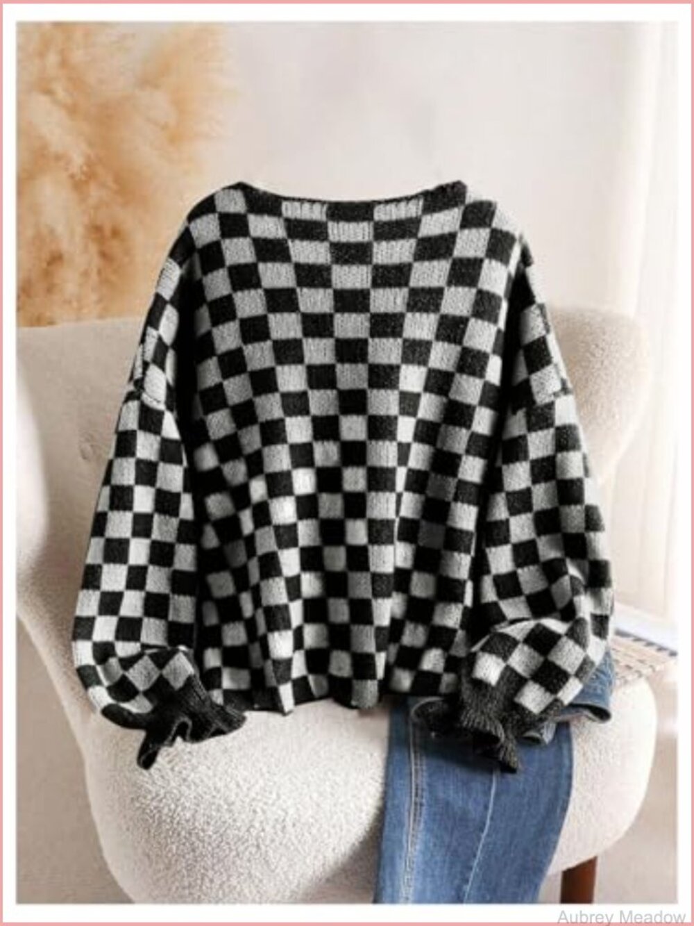 Plus Size Checkered Plaid Cardigan Cozy Knit Sweater Outerwear - Picture 3 of 6
